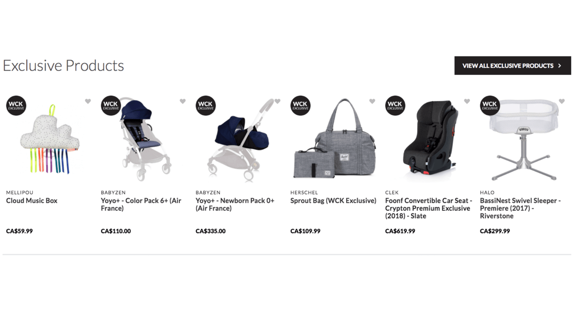 Exclusive products view of products for sale on website