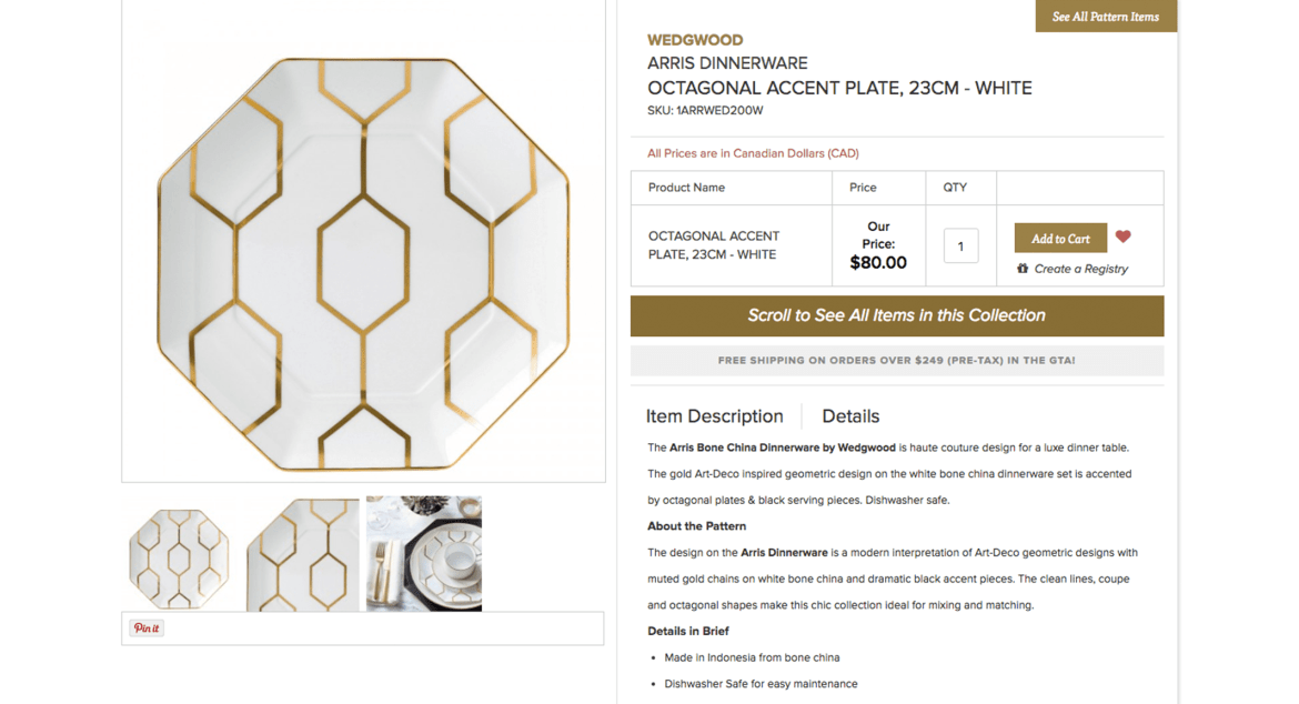 Purchase page for decorative plate with checkout option
