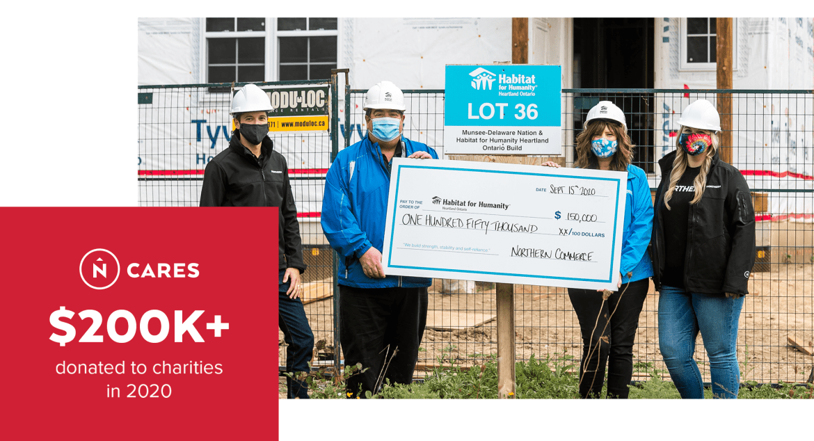 Habitat for Humanity work crew with big cheque, overlay "$NCares 200k+ donated to charities in 2020"