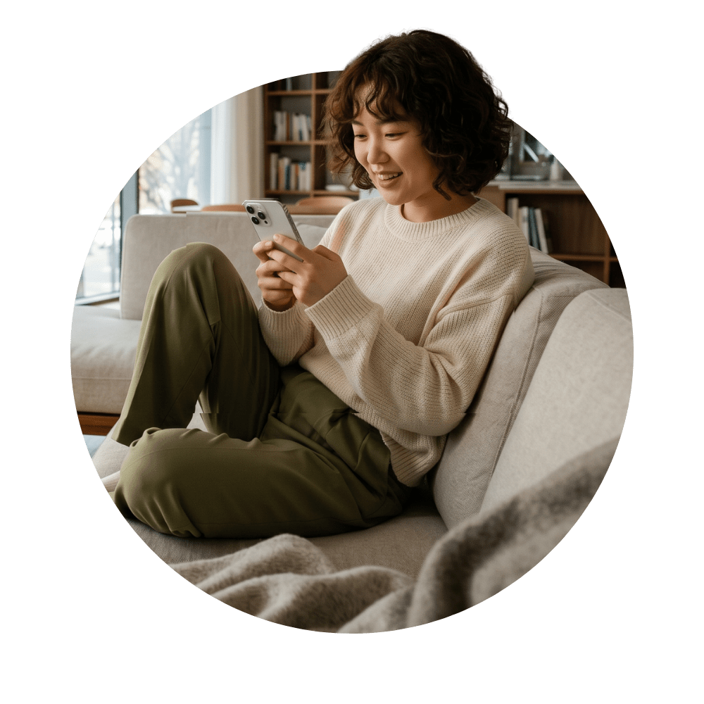 A woman on her couch looking at her phone