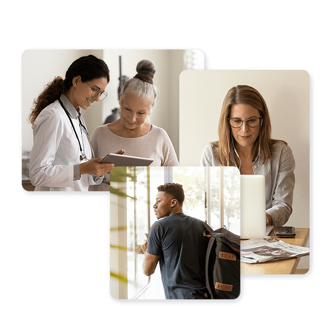 Public Service Landing Page hero image of doctor with patient looking at tablet, student looking out the window, and woman on a computer.