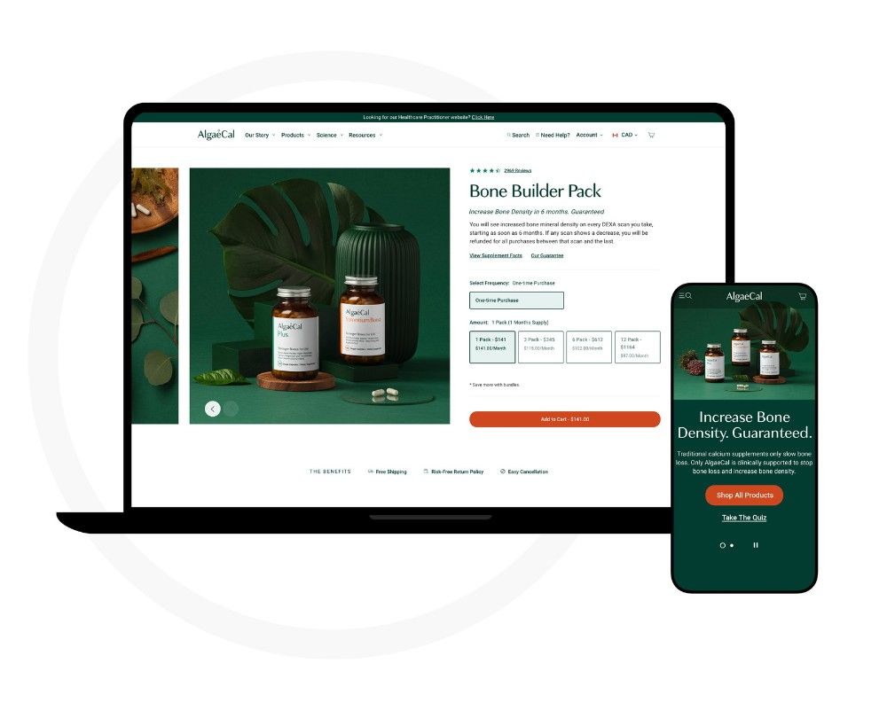 AlgaeCal green bottles displayed on desktop and mobile