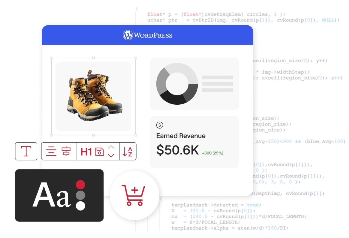 CMS Dev Hero WordPress website with a pie chart and line in front of lines of code