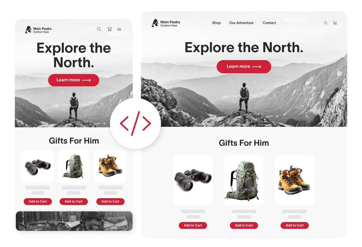 Custom Web Applications Hero Two orientations of an outdoor gear website side-by-side