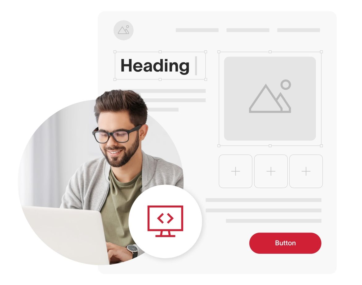Development and Integrations - Hero Elements of a website with an image of a man with glasses looking at his laptop in front