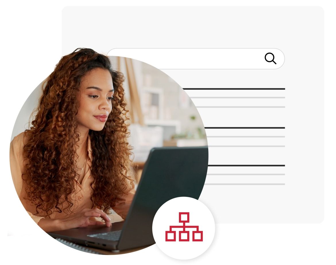 Content Strategy and IA Hero Woman with curly hair looking at her laptop