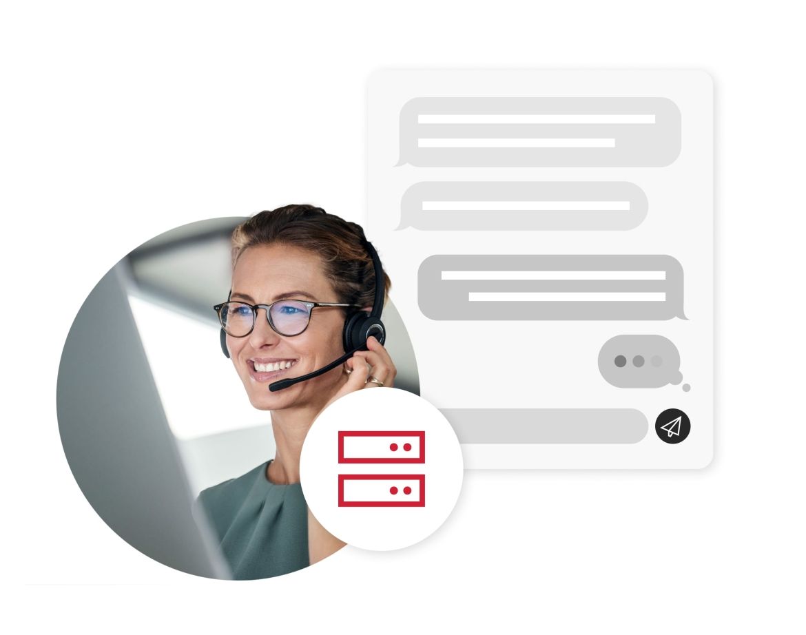 UX Solutions - Managed Services Customer support worker with handsfree mic working on computer next to chat box bubble