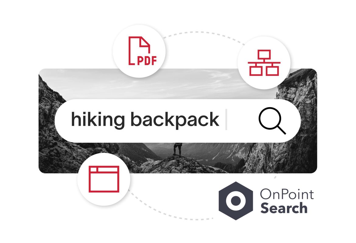Site search bar with icons page, PDF, and OnPoint icons floating around it 