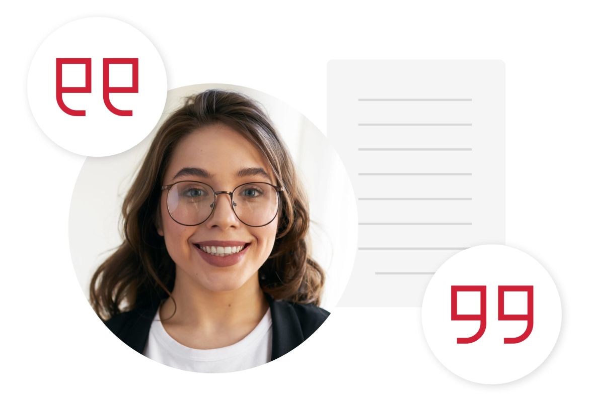 Woman wearing glasses with quotation marks on either side of her