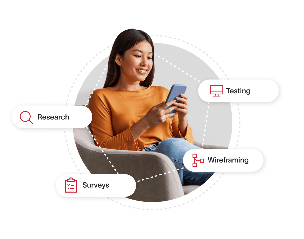 Woman sitting in a chair looking at her phone with interconnected bubbles around her saying: Research, Surveys, Testing, and Wireframing