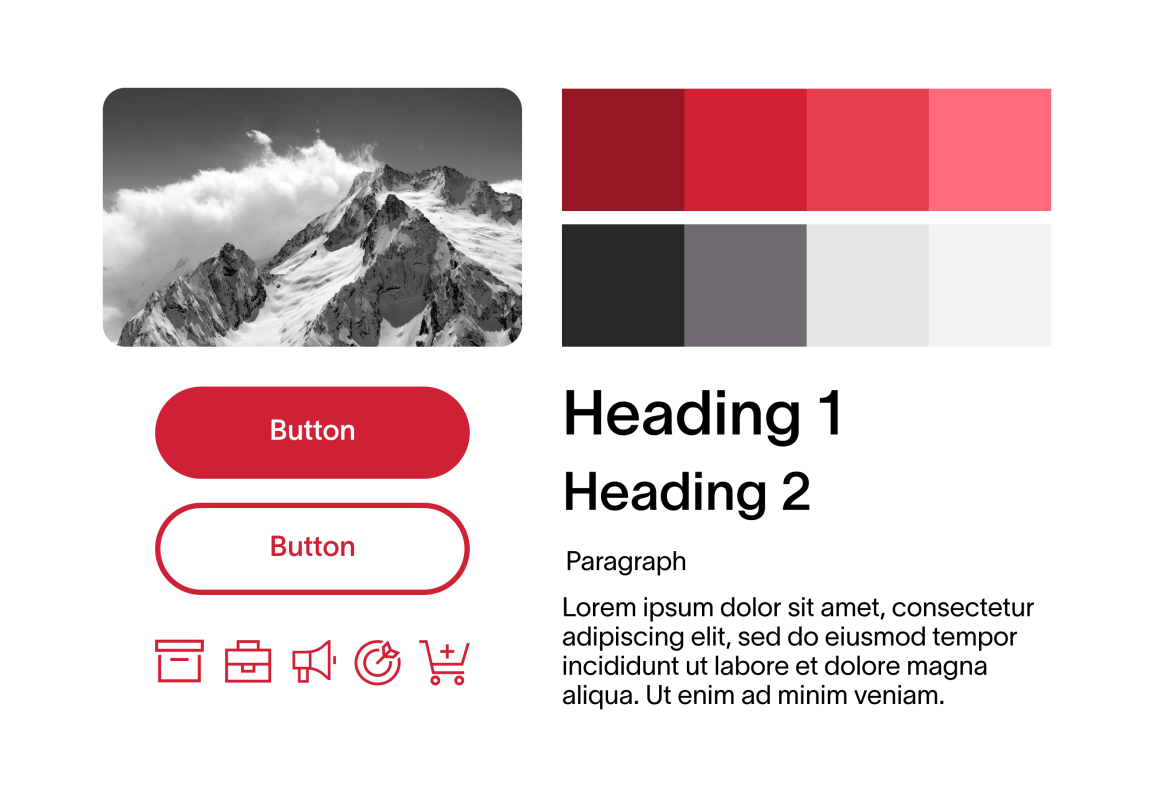 A collection of webpage components including: images, buttons, icons, headings, and body text.