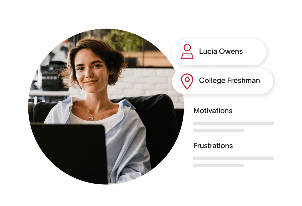 Name, occupation, motivations, and frustrations bubbles next to a Woman smiling while working on laptop