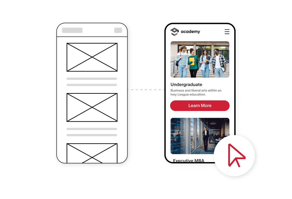 Two images side-by-side of a a site mobile. One, of a rough black-white-outline, and the other a fully finished in-colour version