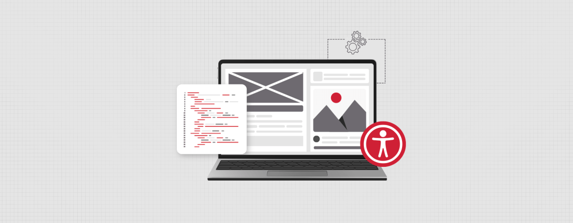 A laptop with a graphical website mockup a coding popup and an accessibility logo.