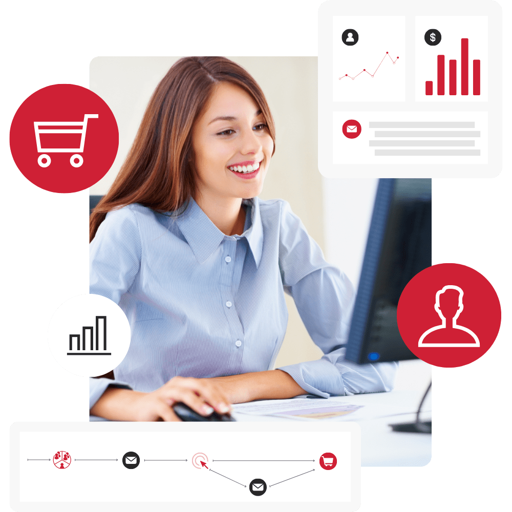 A woman looking at a computer with CDP graphics