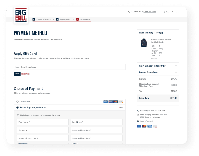 Payment Screen Screenshot from BB website