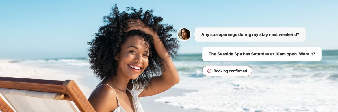 Shopper relaxing at the beach while a Brand Concierge chat finds a spa opening and confirms her booking.
