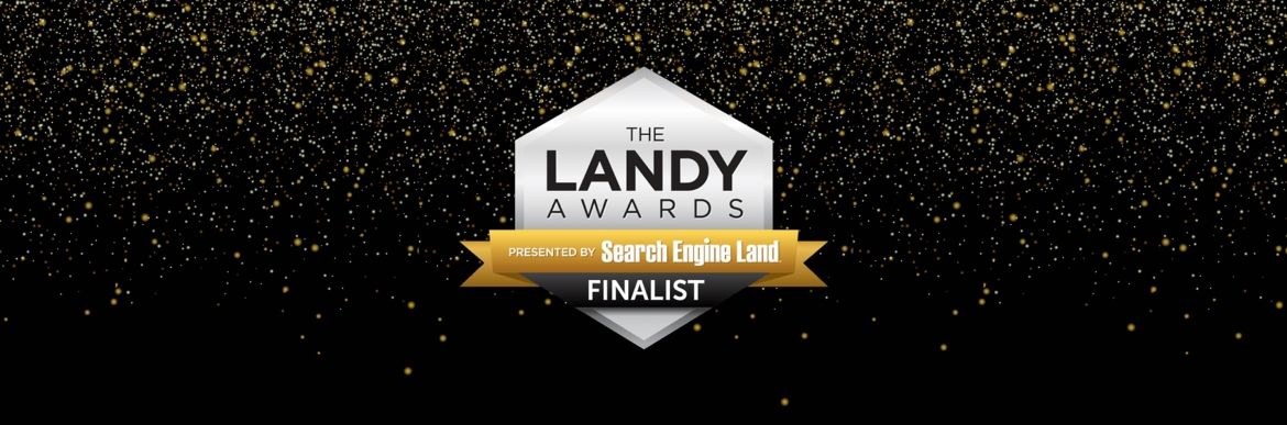Landy Award Finalist Logo with black background and gold confetti