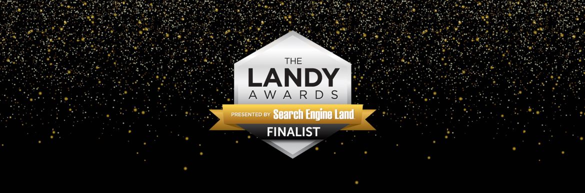 Landy Award Finalist Logo with black background and gold confetti