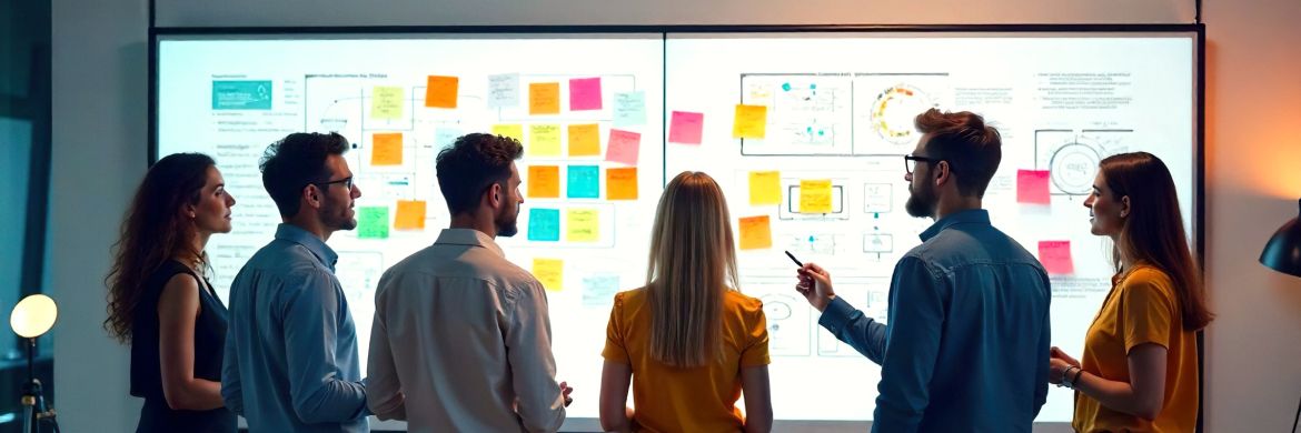 Team reviewing sticky notes and journey maps on a board during a strategy workshop