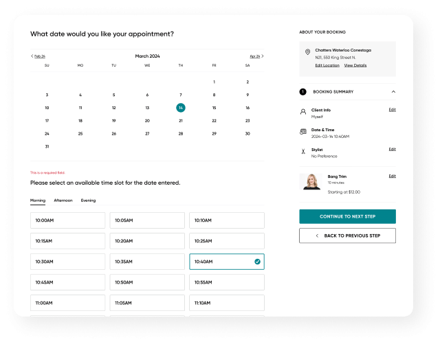 Screenshot of booking page on Chatters website