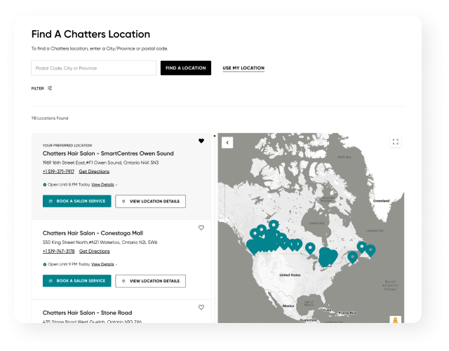 Screenshot of location page on Chatters website