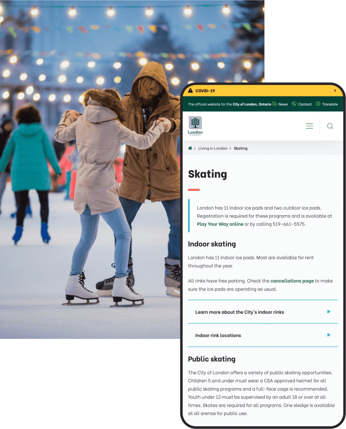 City of London website Skating page with ice skaters behind it