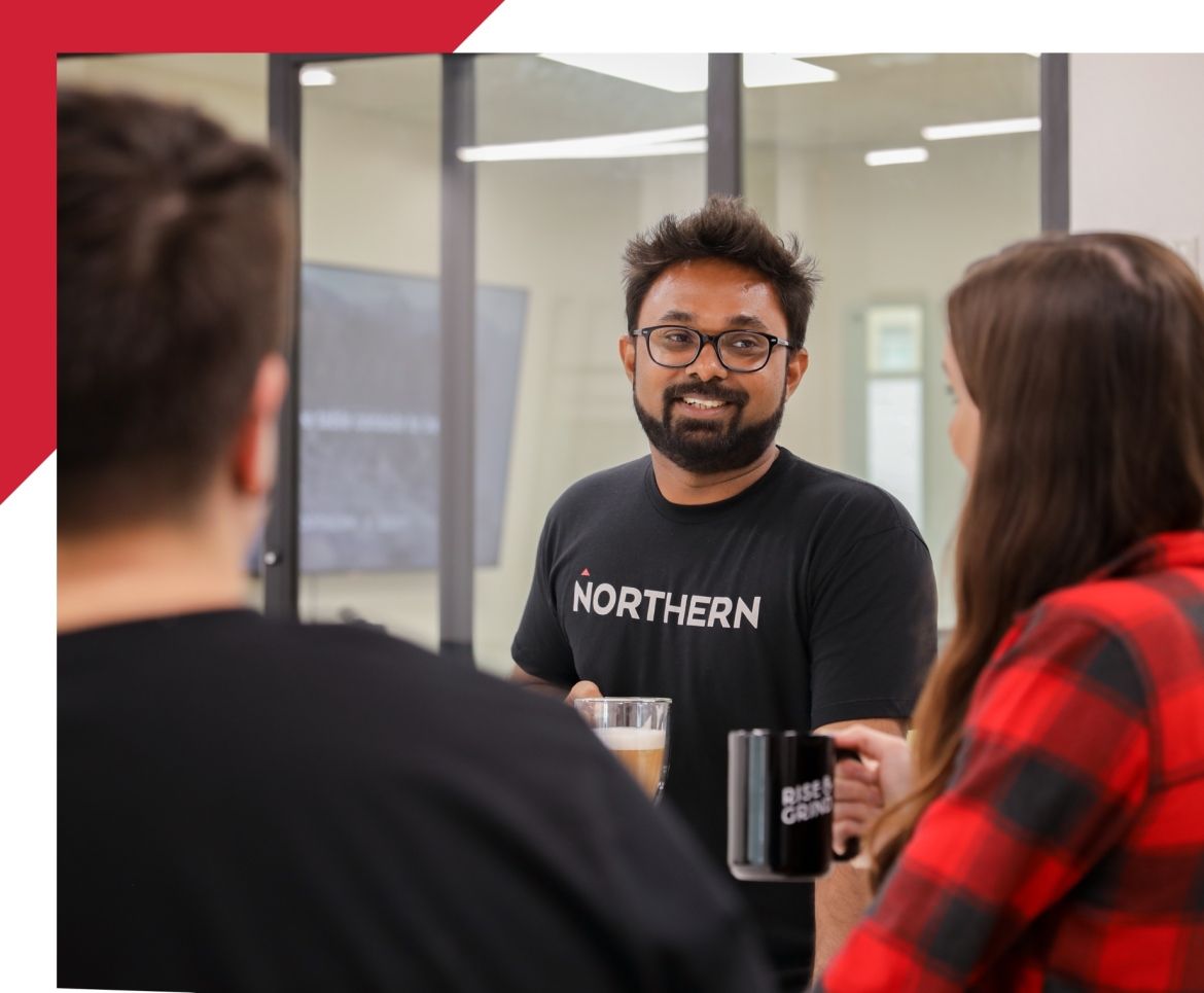 Equality Image man smiling talking to two women