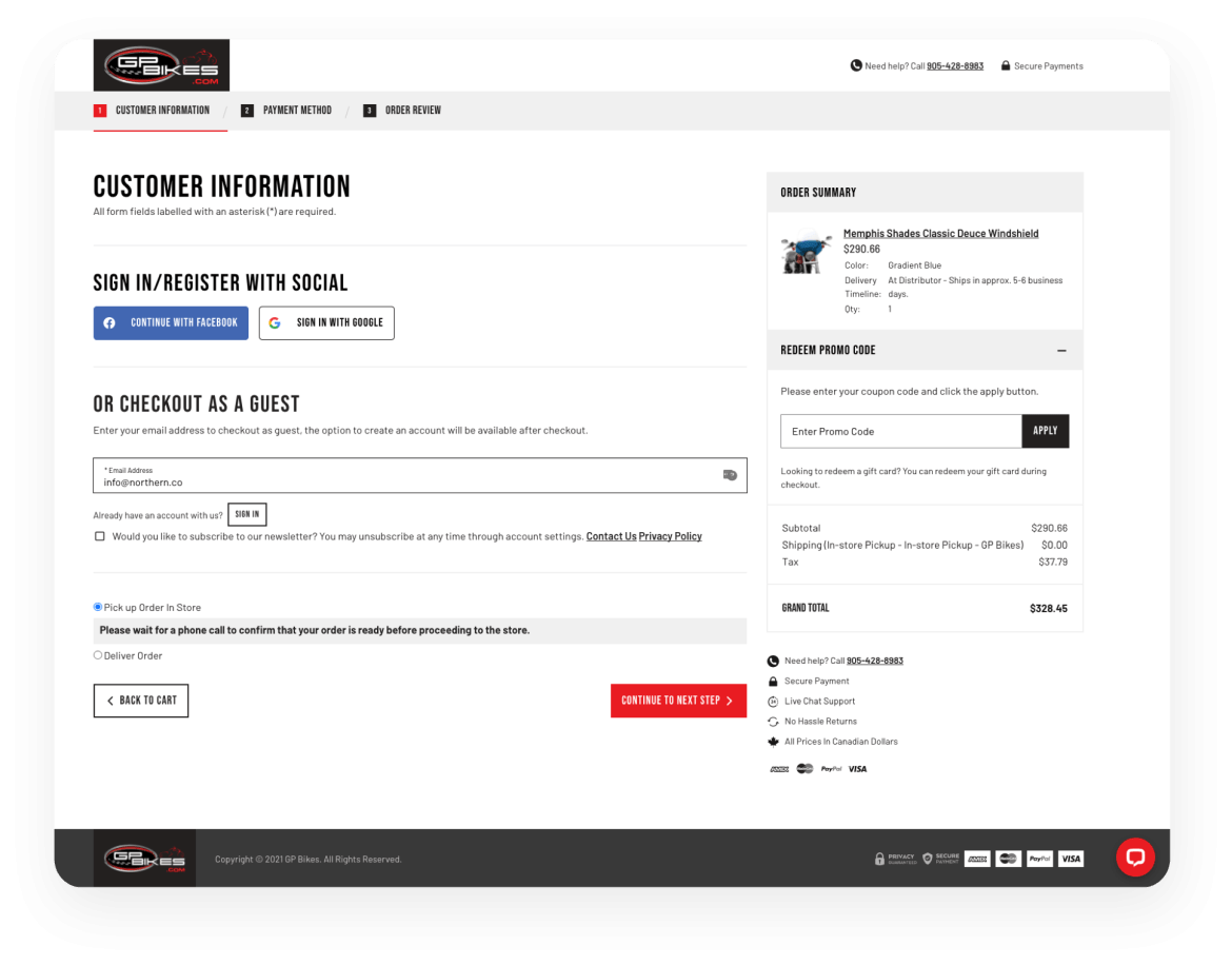 checkout view from the GP Bikes website