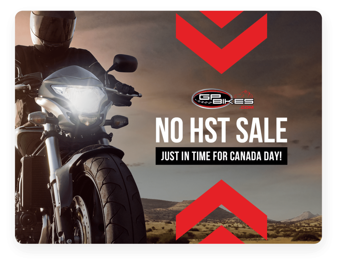 GP Bikes CS feature image D no HST sale promotional banner with image of a person riding a motorcycle
