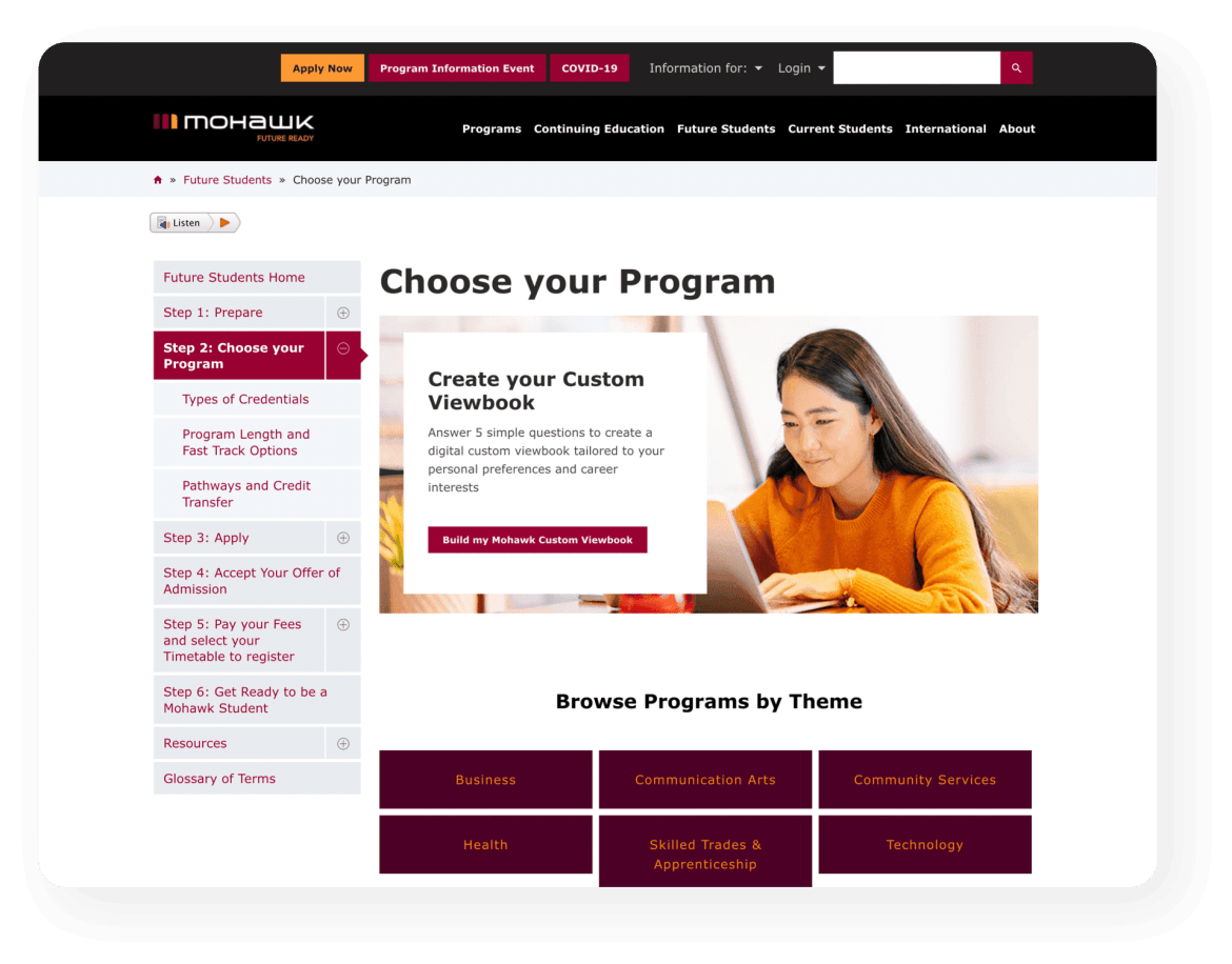 Mohawk choose your program page.