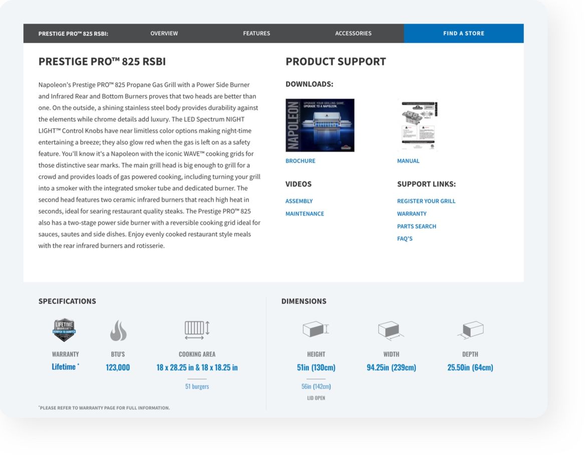 website view of product features