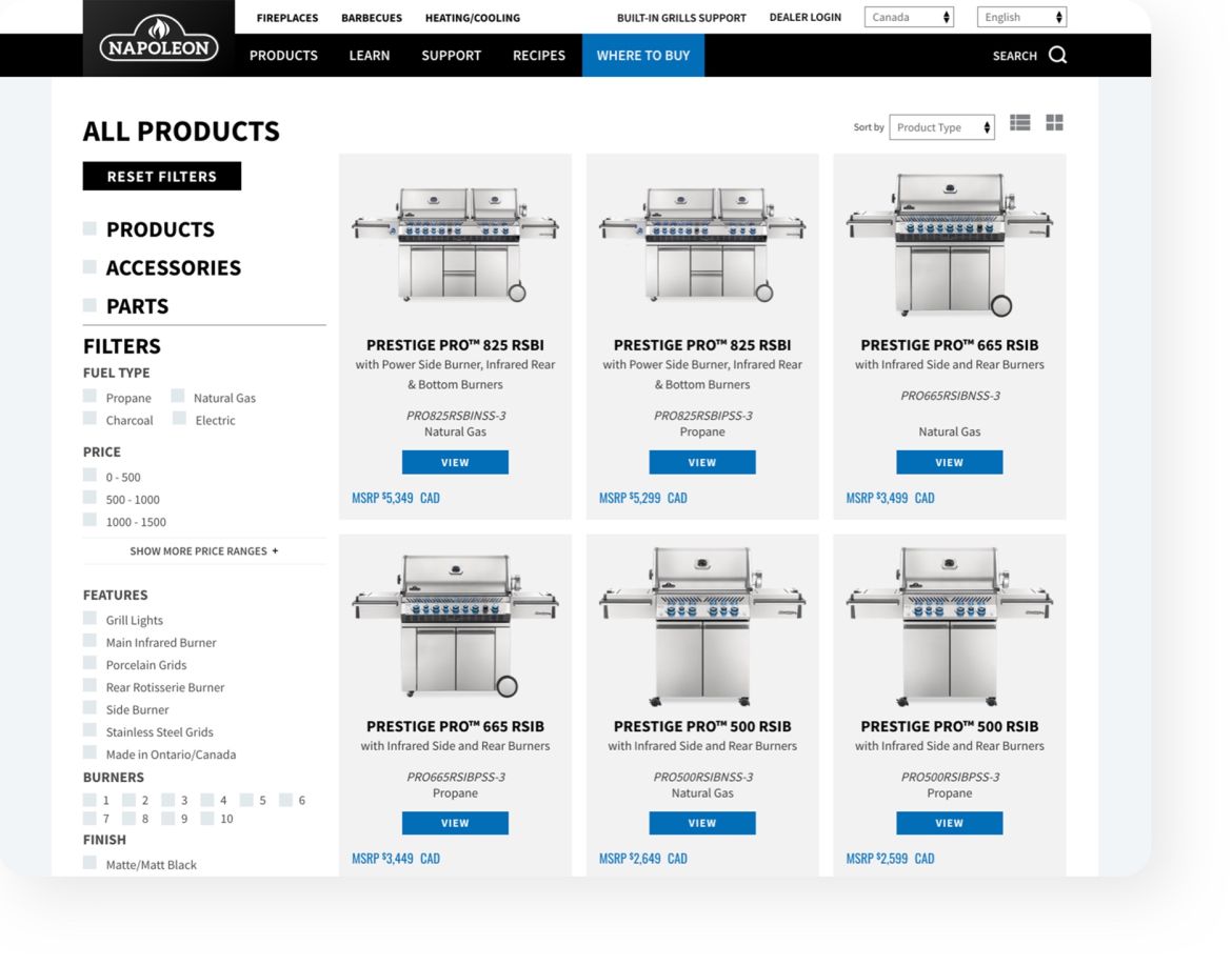 website view of a product category page