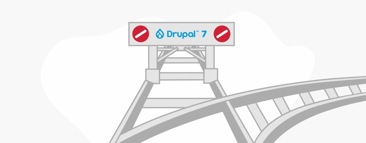Railroad tracks ending, with a blockade saying &quot;Drupal 7&quot;.