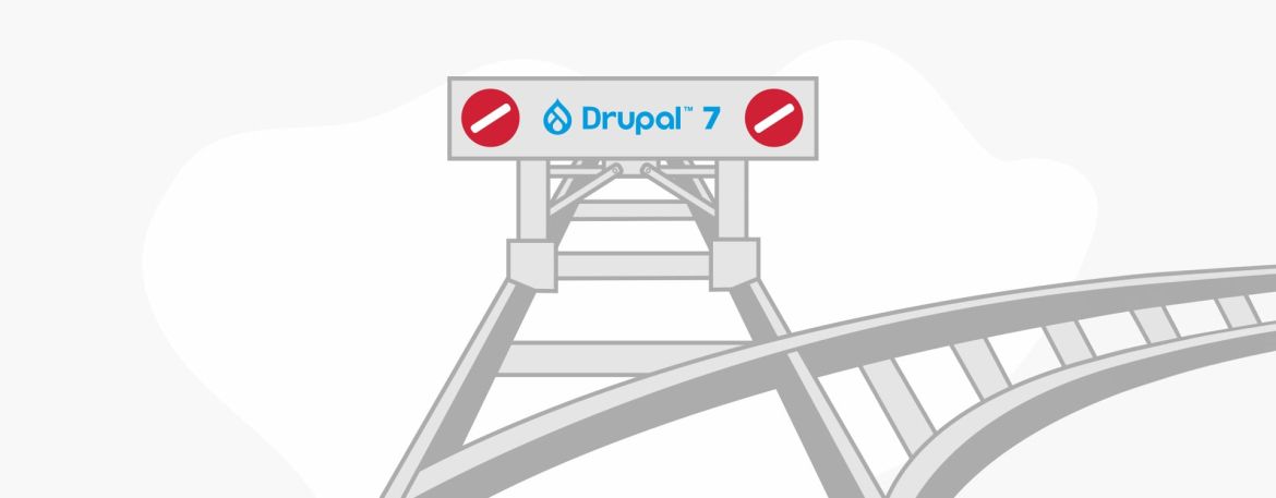 Railroad tracks ending, with a blockade saying "Drupal 7".