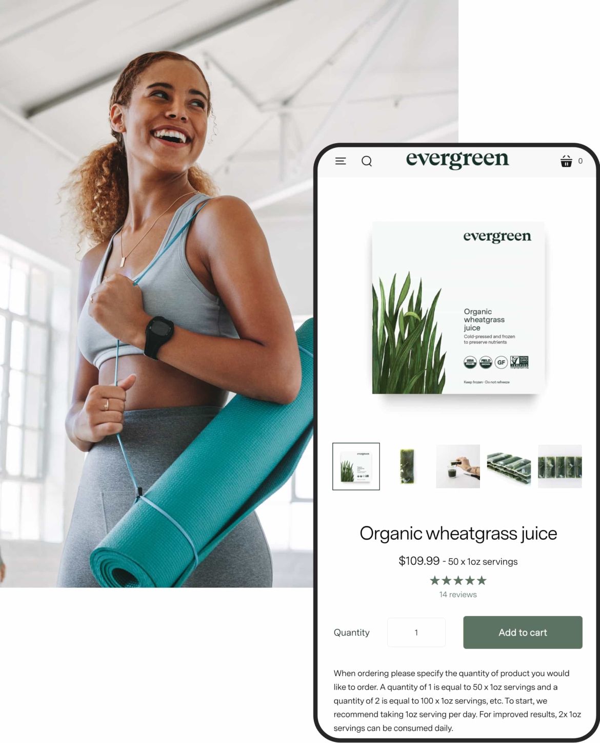 Image of Evergreen Juices website on a mobile platform.
