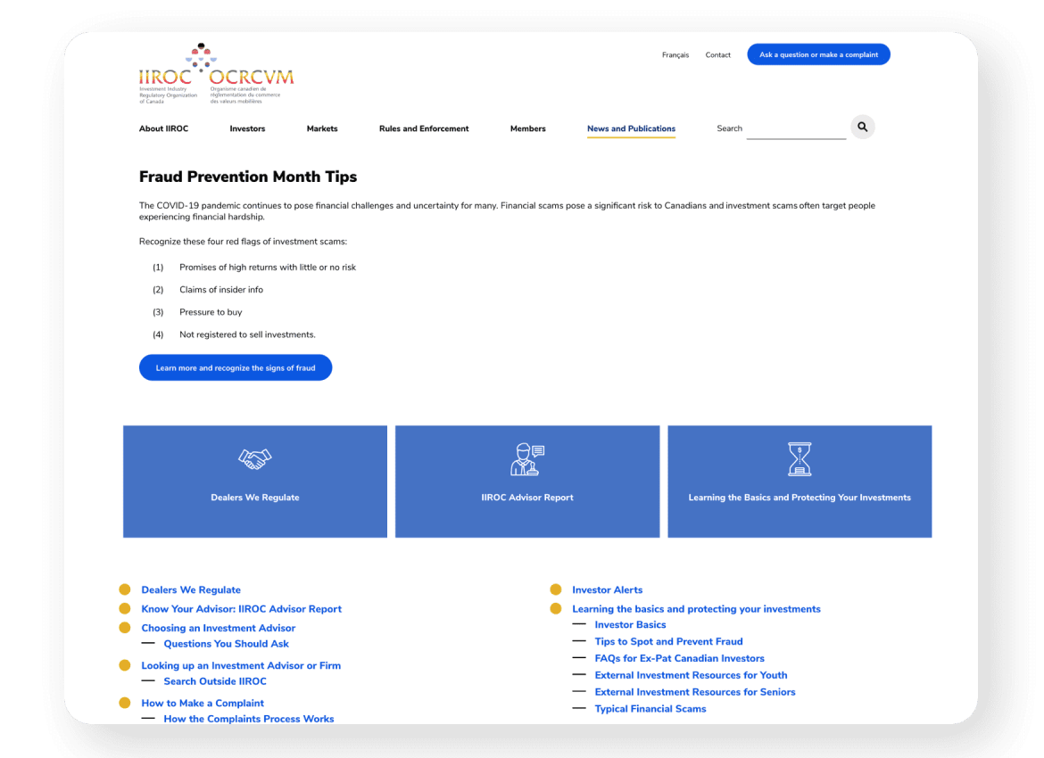 IIROC Webpage preview.