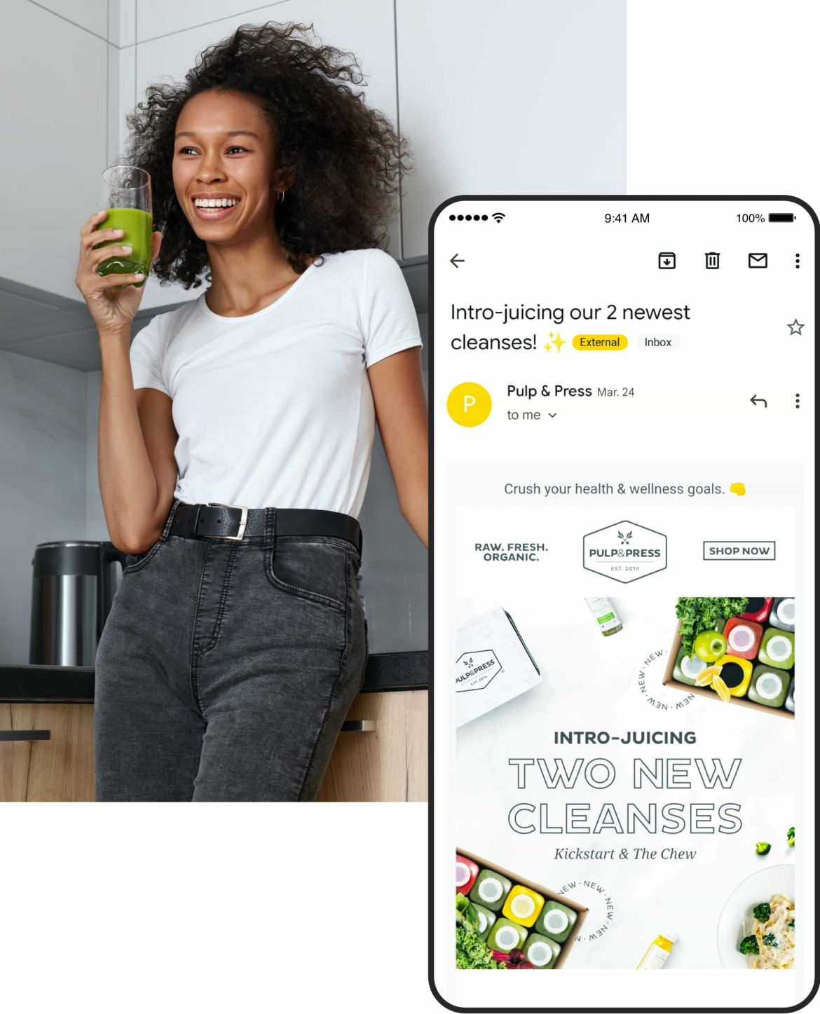 Girl drinking juice with image of Pulp and Press email on a phone overlay