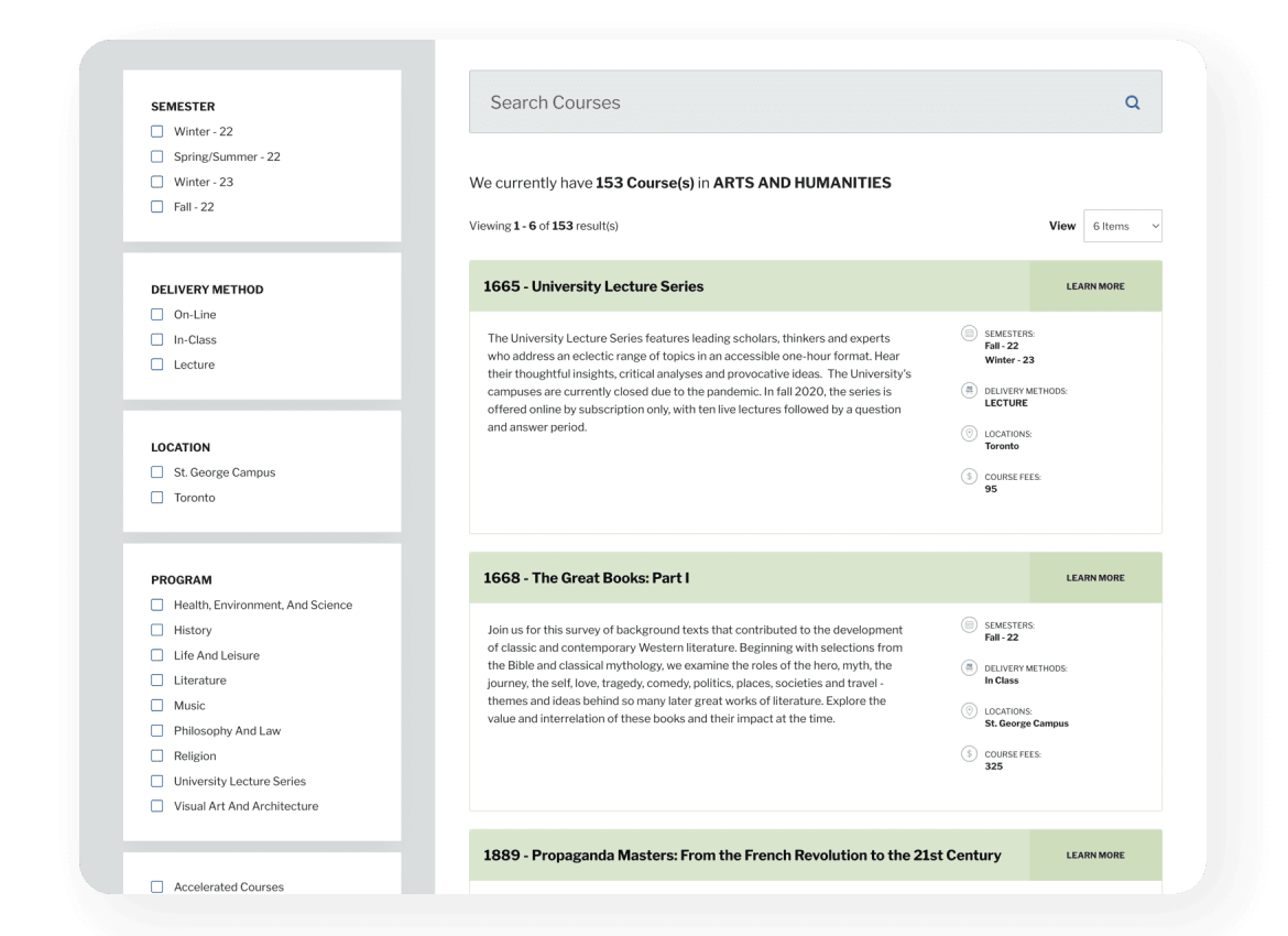 University of Toronto, School of Continuing Studies website (search results)