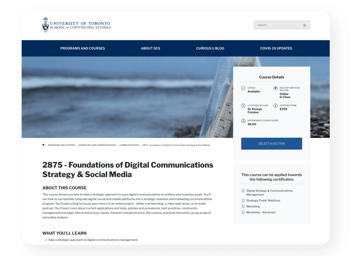 University of Toronto, School of Continuing Studies website (course page)