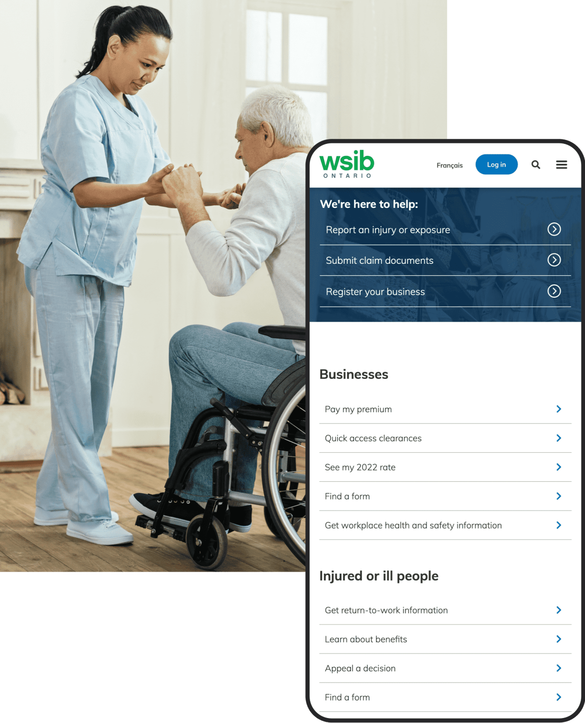 Carer and senior in wheelchair with WSIB website on mobile overlay