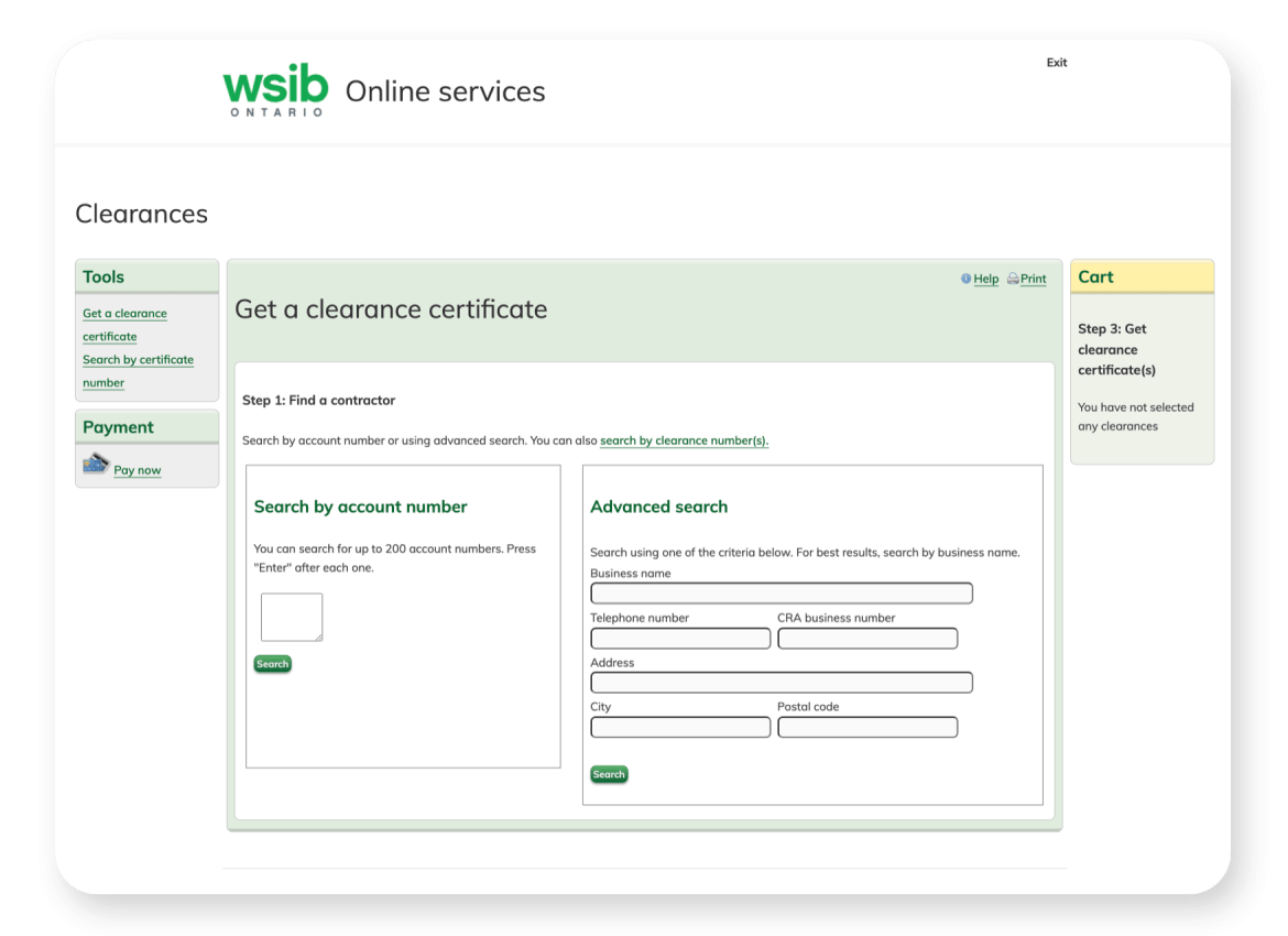 WSIB get a clearance certificate functionality