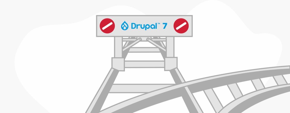 Railroad tracks ending, with a blockade saying "Drupal 7".
