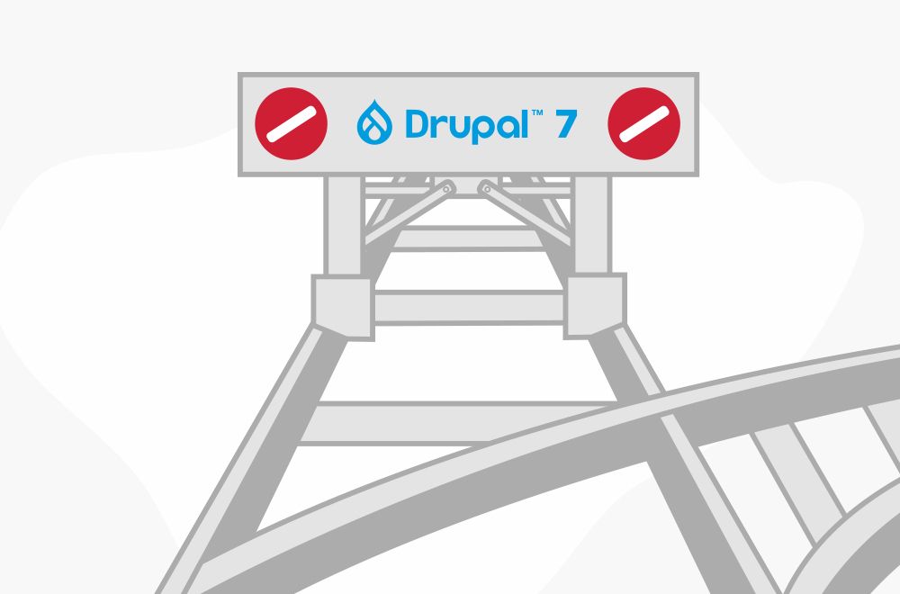 Railroad tracks ending, with a blockade saying "Drupal 7".