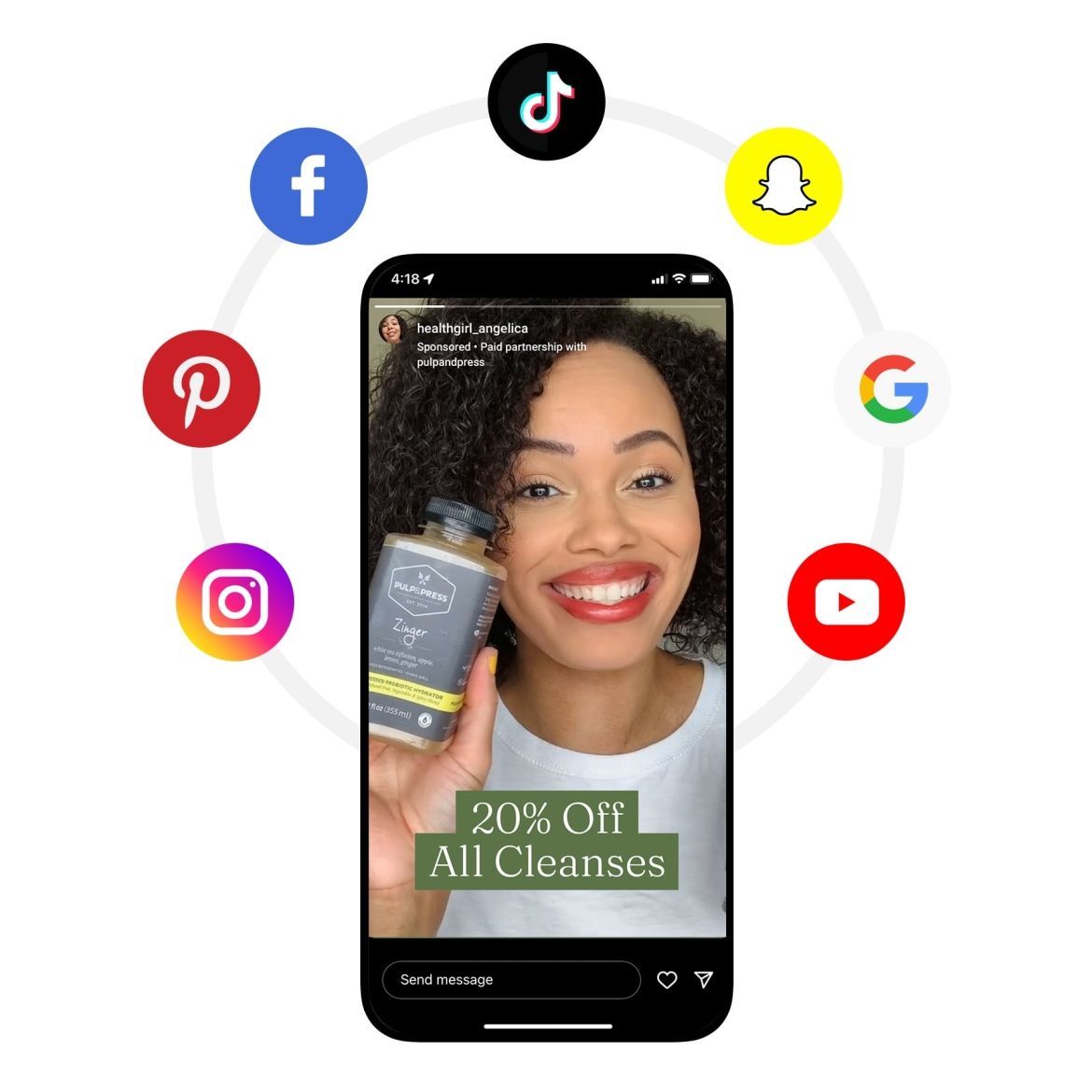 Social media icons with paused still of advertisement video