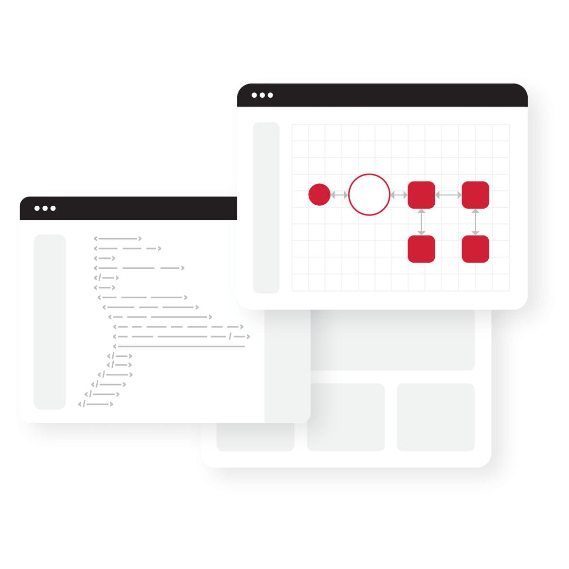 Trio of web browsers showing abstract view of integrations. 