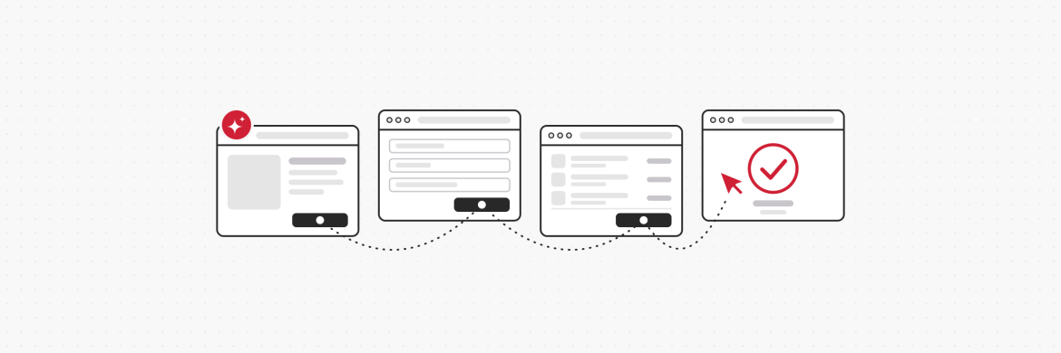 An AI agent starts at a product page and moves through a form and a cart to an order confirmation across four browser windows