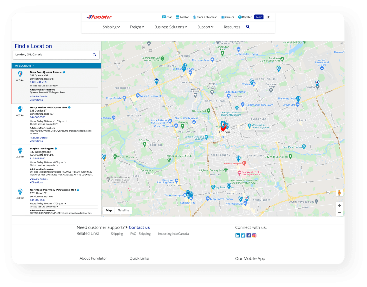 Purolator website locator functionality