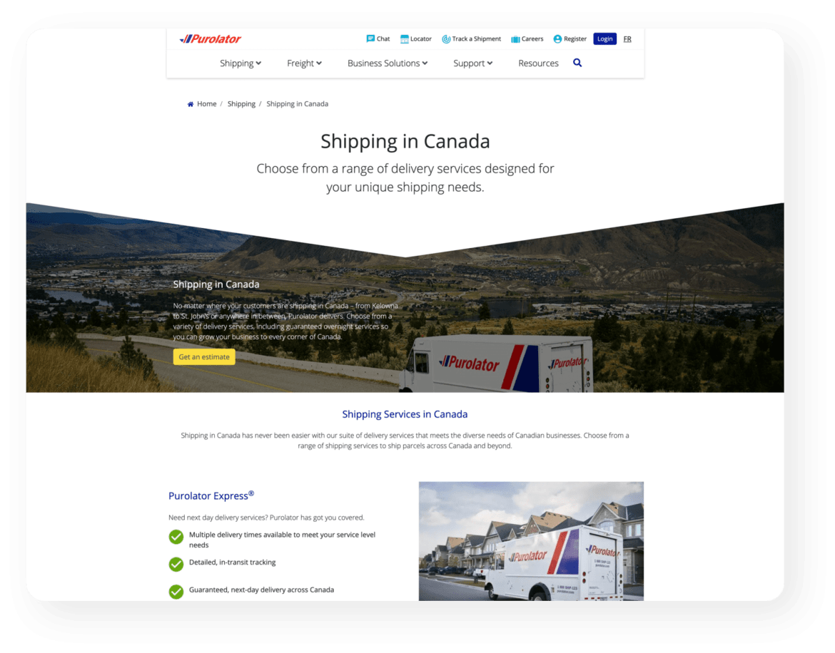 Purolator website shipping page