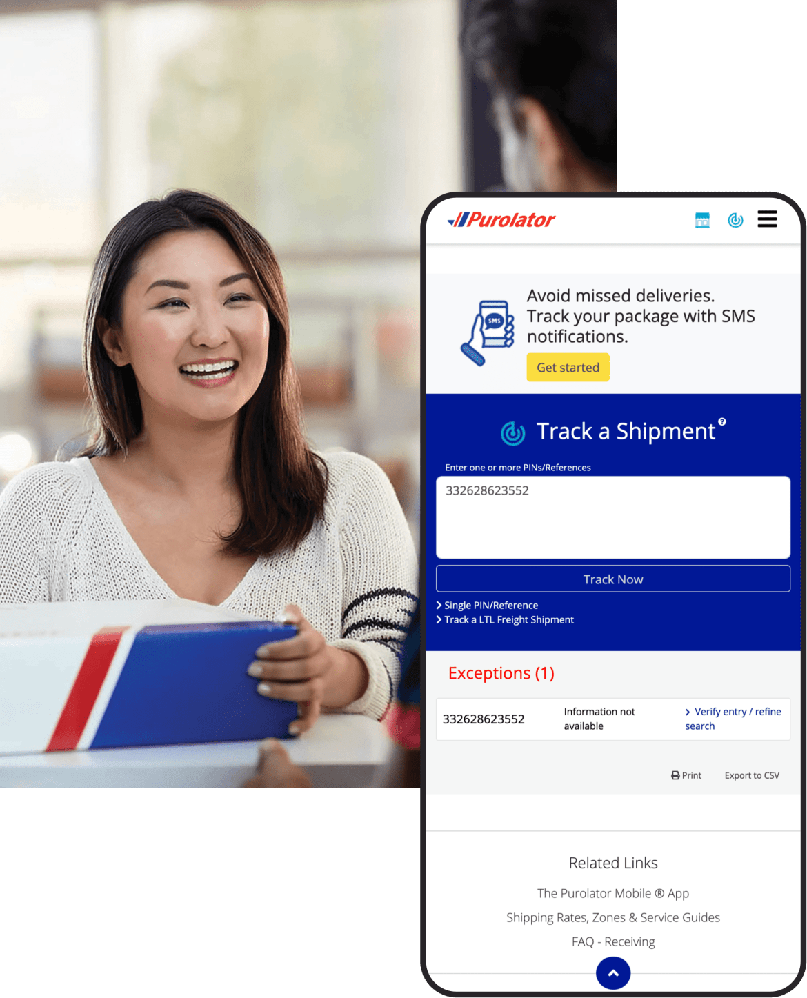 Purolator website on mobile with image of woman receiving a package in the background